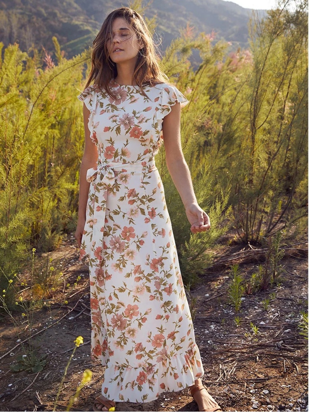 Christy Dawn Quinn Dress in Crepe Floral Size Small Cream Off White‎ Maxi Dress